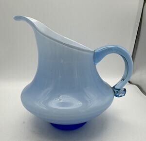 Unmarked Blue Solid Glass Pitcher 1 Pt Glossy Finish Handle 1 Pc Set
